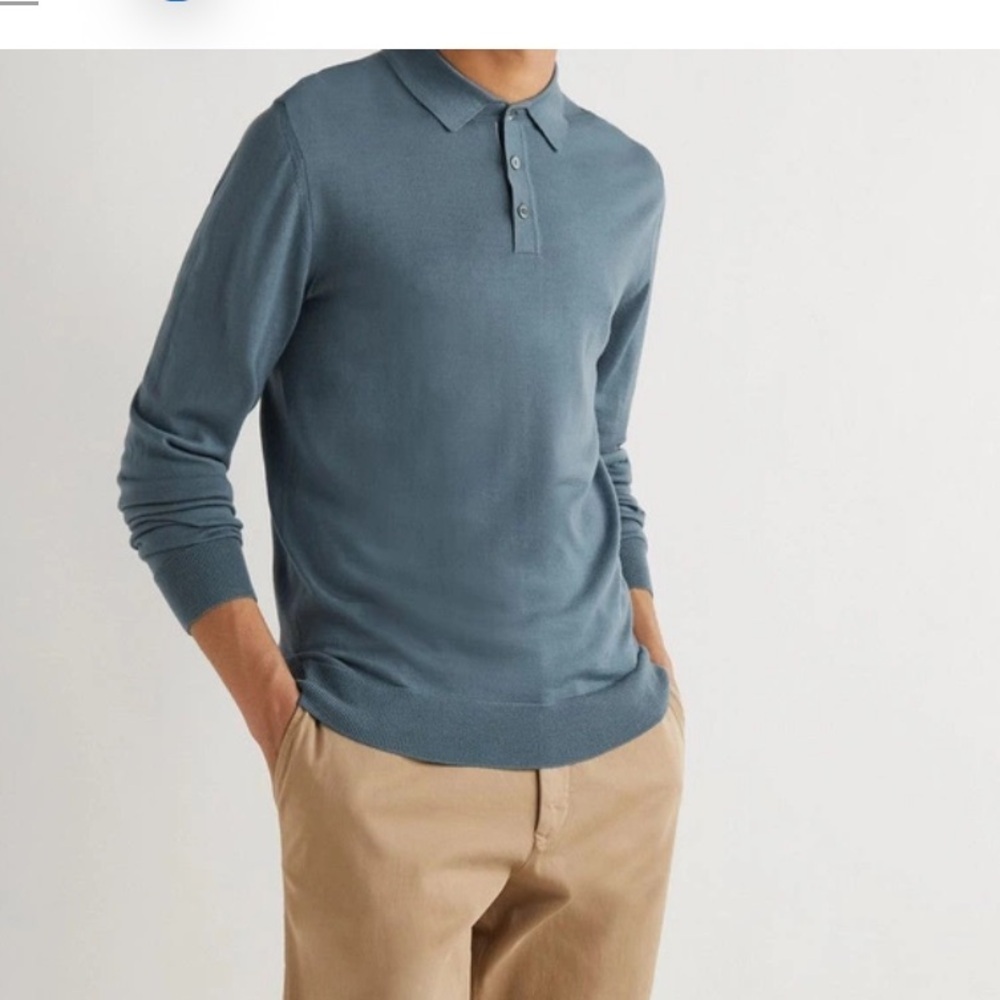 Mr P. Merino Wool blue sweater Polo collar knit shirt quarter button large